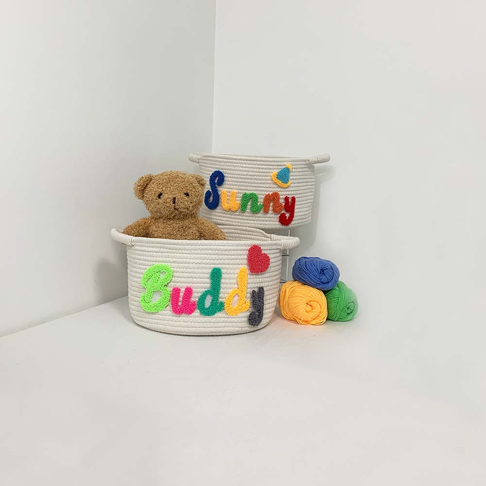 Personalized Name Storage Basket - Handmade Punch Needle Letters & Patterns - Custom Home Organization & Decor